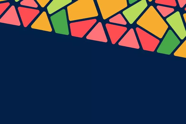 A navy blue graphic with a diagonal pattern of brightly coloured segments.